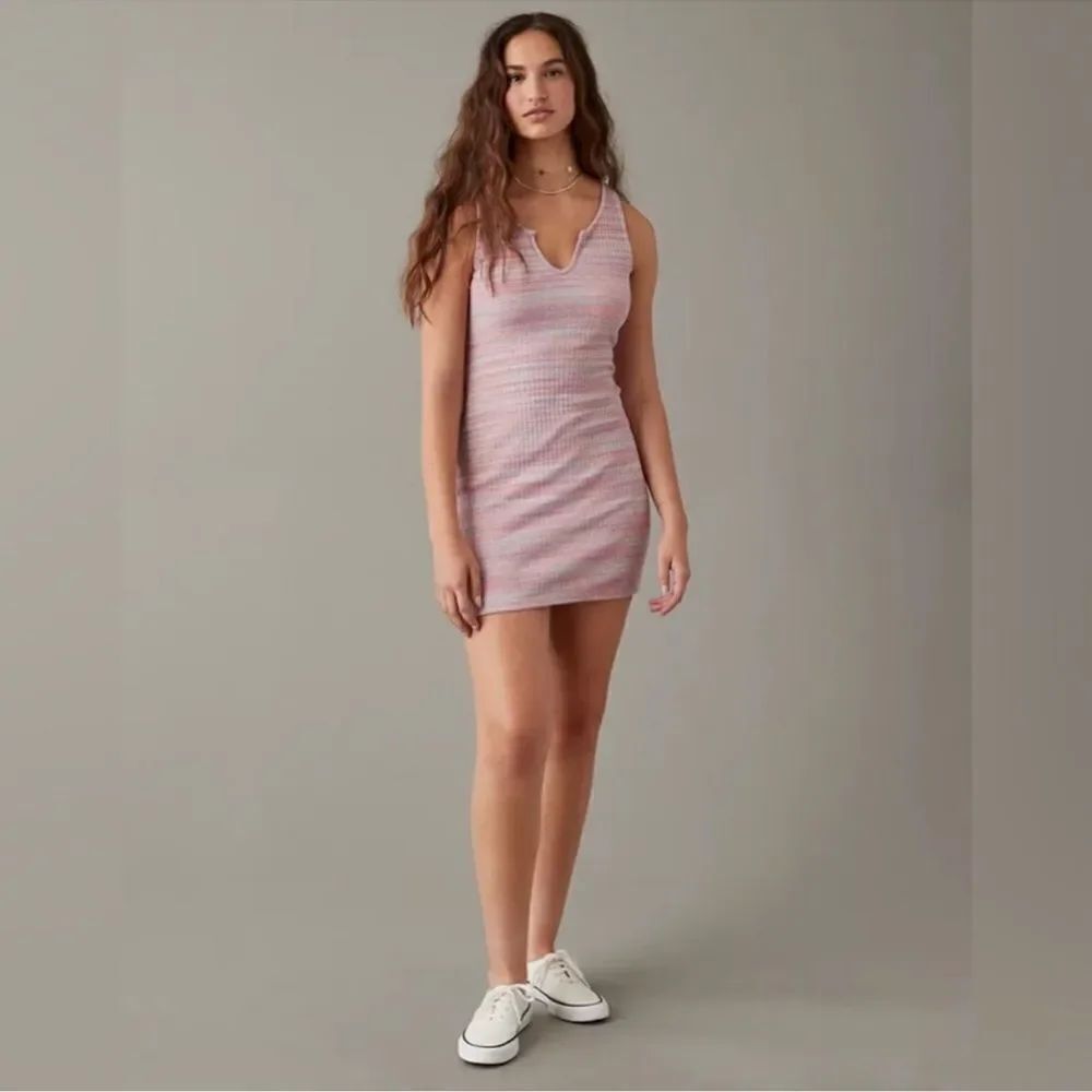 American Eagle NWT Notch Neck Spacedye Mini Dress Pink Bodycon Stretch Ribbed M